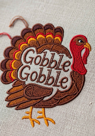 A colorful embroidered turkey with the words Gobble Gobble on fabricの写真素材