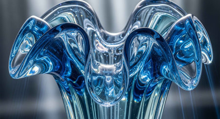A stunning blue glass sculpture with intricate design and smooth curvesの写真素材