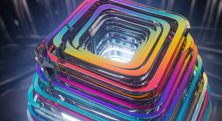 A stack of colorful, shiny, metallic squares with a futuristic designの写真素材