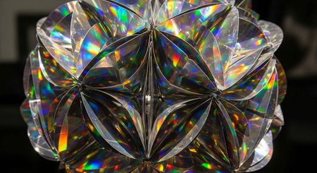 A close-up of a crystal ball with a rainbow of colors reflecting off its surfaceの写真素材