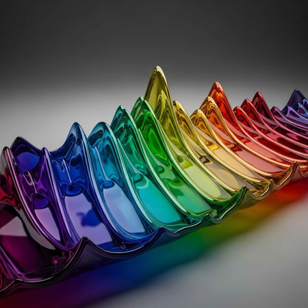 A row of colorful glass sculptures on a gray backgroundの写真素材