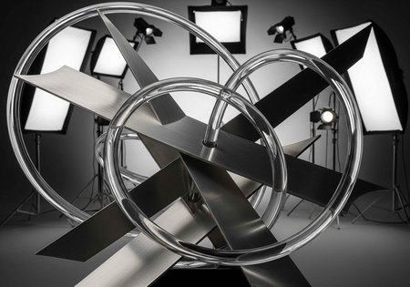 A modern studio setup with sleek metallic sculptures and professional lighting equipmentの写真素材