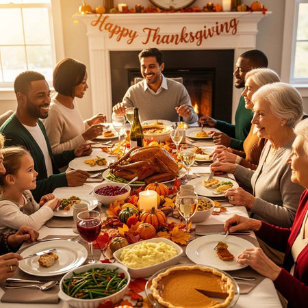 A diverse family gathers around a table for a traditional Thanksgiving mealの写真素材