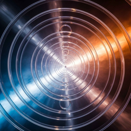 A close-up view of a metallic surface with concentric circles and vibrant colorsの写真素材