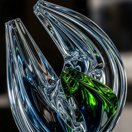 A stunning glass sculpture with a vibrant green centerpiece on displayの写真素材