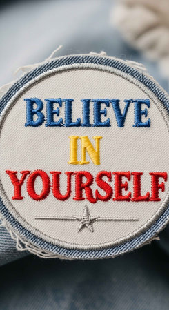 A motivational embroidered patch with a star and inspiring textの写真素材