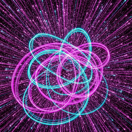 A vibrant digital artwork featuring neon pink and blue swirling linesの写真素材