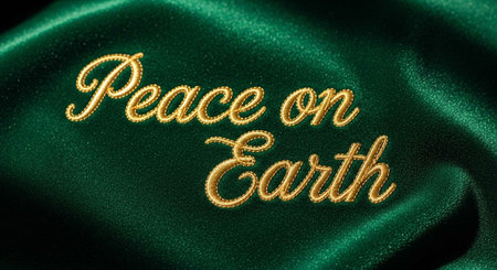 A green satin fabric with the words Peace on Earth embroidered in goldの写真素材