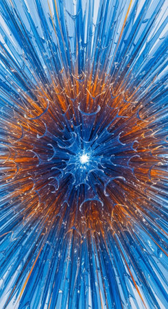 A vibrant abstract artwork featuring blue and orange colors exploding from a central pointの写真素材