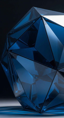 A large blue geometric crystal object on a dark backgroundの写真素材
