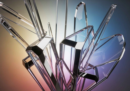A close-up view of a crystal sculpture with a colorful gradient backgroundの写真素材