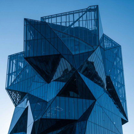 A modern glass building with a unique geometric design against a clear blue skyの写真素材