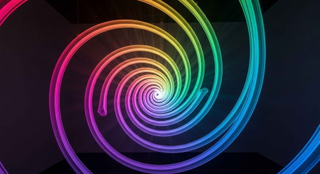A vibrant rainbow-colored spiral light installation in a dark roomの写真素材