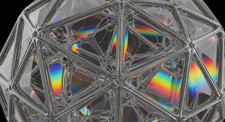 A close-up view of a crystal geometric structure with rainbow reflectionsの写真素材