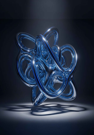 A stunning blue glass sculpture with intricate loops and curvesの写真素材