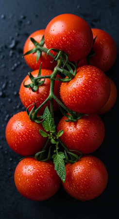 A bunch of fresh tomatoes on a vine with water droplets on a dark backgroundの写真素材