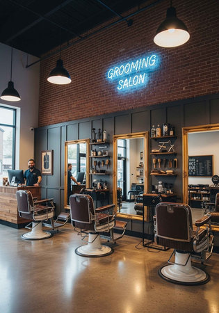 A modern grooming salon with barber chairs and a neon signの写真素材
