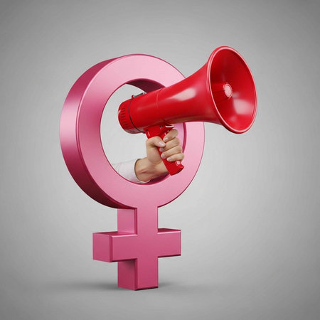 A hand holding a red megaphone through a large pink female symbolの写真素材