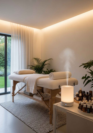 A serene spa room with a massage table and aromatherapy equipmentの写真素材