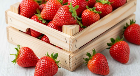 Fresh strawberries in a wooden crate on a white surfaceの写真素材