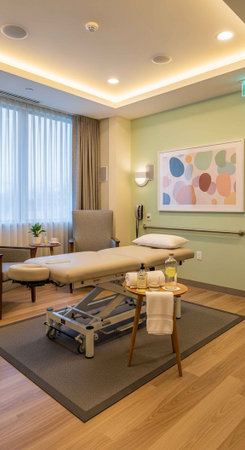 A serene and modern physical therapy room with a treatment table and amenitiesの写真素材