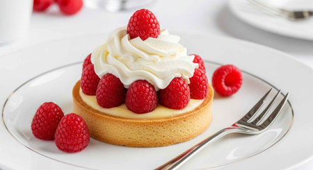 A delicious raspberry tart with whipped cream on a white plateの写真素材
