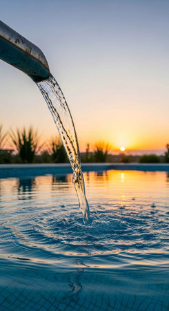 Water flowing into a serene pool at sunset with a peaceful atmosphereの写真素材
