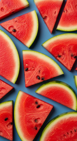A vibrant display of fresh watermelon slices on a blue backgroundの写真素材