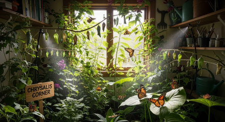 A serene indoor garden with butterflies and a chrysalis corner by the windowの写真素材