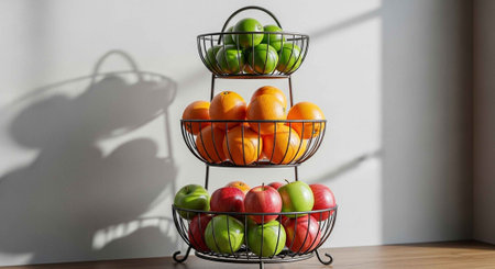 A three-tiered wire basket filled with fresh fruits on a wooden tableの写真素材