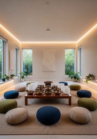 A serene meditation room with a low table and colorful cushionsの写真素材
