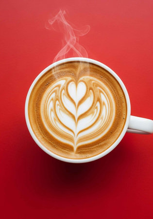 A steaming cup of latte art coffee on a red backgroundの写真素材