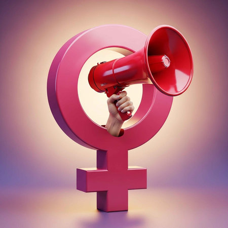 A hand holding a megaphone inside a large pink female symbolの写真素材