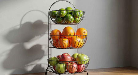 A three-tiered wire basket stand filled with fresh fruits on a wooden tableの写真素材