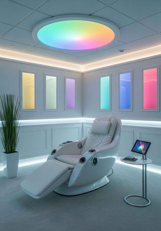 A modern spa room with a white massage chair and colorful LED lightsの写真素材