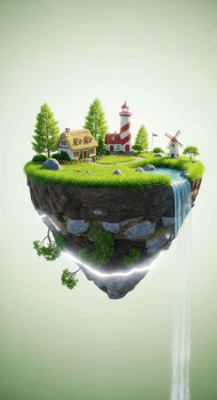A surreal floating island with a house, lighthouse, and windmill in a dreamlike landscapeの写真素材