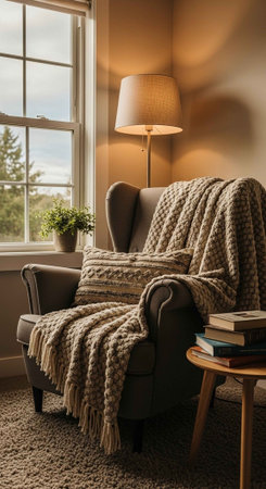 A cozy reading nook with a comfortable armchair and a stack of booksの写真素材