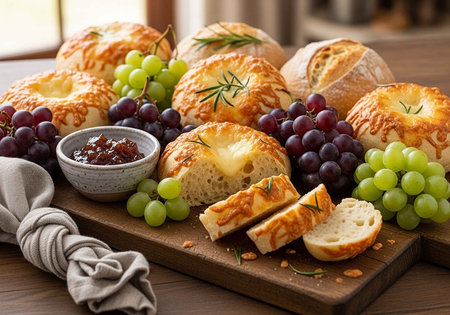 A beautifully arranged cheese board with bread and grapes on a wooden cutting boardの写真素材