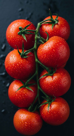 A cluster of fresh red tomatoes on a vine with water dropletsの写真素材