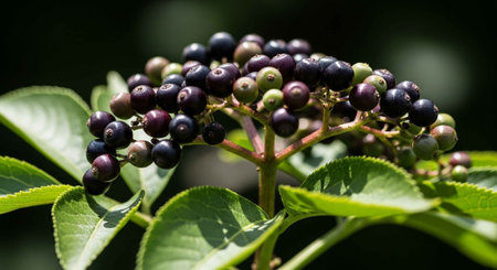 A close-up view of a plant with vibrant green leaves and clusters of dark purple berries.の写真素材