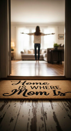 A woman standing in a bright and airy living room with her arms outstretchedの写真素材