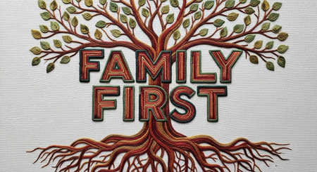 A colorful embroidered tree with the words 'Family First' on a textured backgroundの写真素材