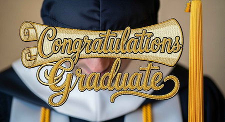 A close-up of a graduate in academic regalia with a congratulatory messageの写真素材