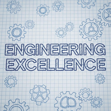 A graphic design featuring engineering excellence with gears on graph paperの写真素材