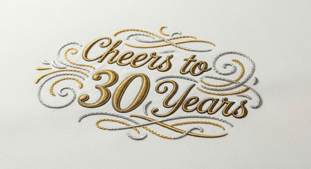 A decorative design that reads Cheers to 30 Years in gold and silverの写真素材