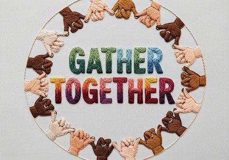 A colorful embroidered sign with diverse hands forming a circle and the words Gather Togetherの写真素材
