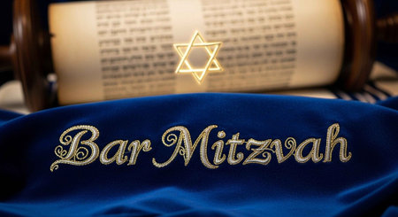 A blue Bar Mitzvah cloth with gold lettering and a Star of Davidの写真素材