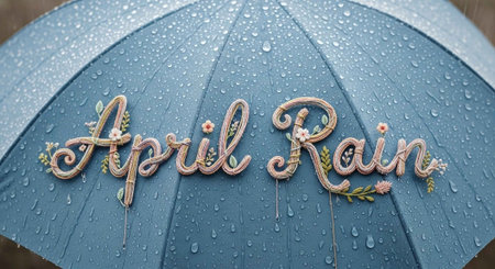 A blue umbrella with raindrops and the words April Rain on itの写真素材