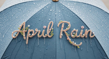 A blue umbrella with raindrops and the words April Rain on itの写真素材