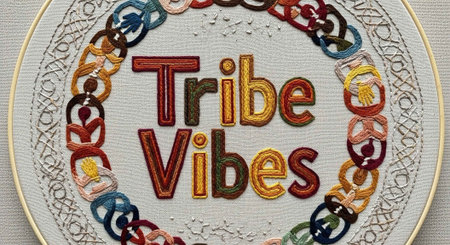 A colorful embroidered plate with the words Tribe Vibes in the centerの写真素材